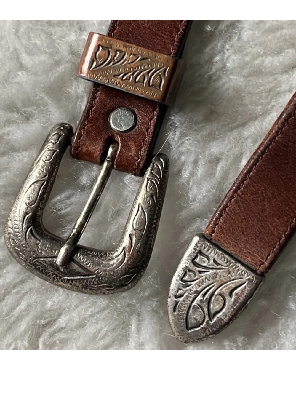 Vintage Frontier Line brown leather belt with fancy engraved buckle and end 32 - Picture 5 of 10
